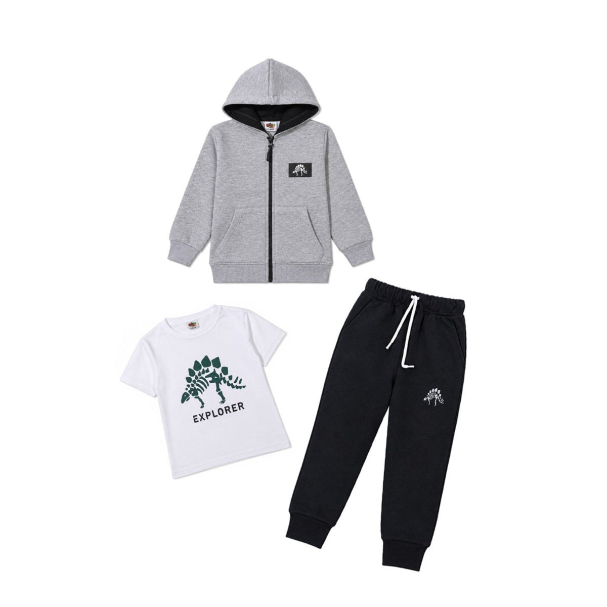 The Dinosaur Explore Printed Inner Shirt Zipper Hood & Trouser - Grey & Black