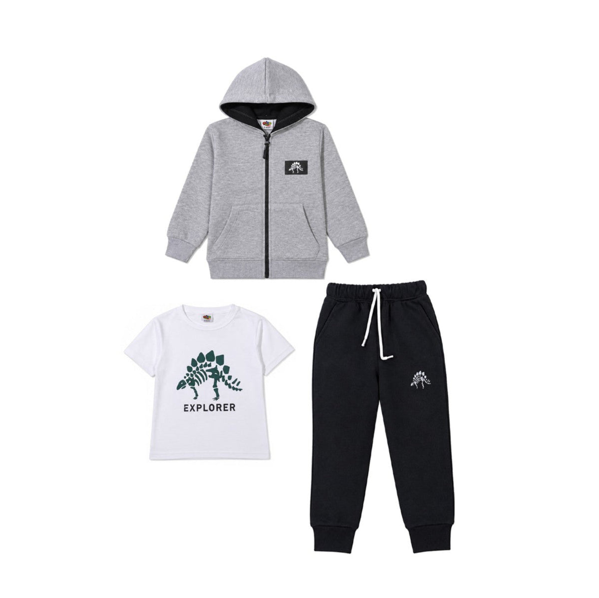 The Dinosaur Explore Printed Inner Shirt Zipper Hood & Trouser - Grey & Black