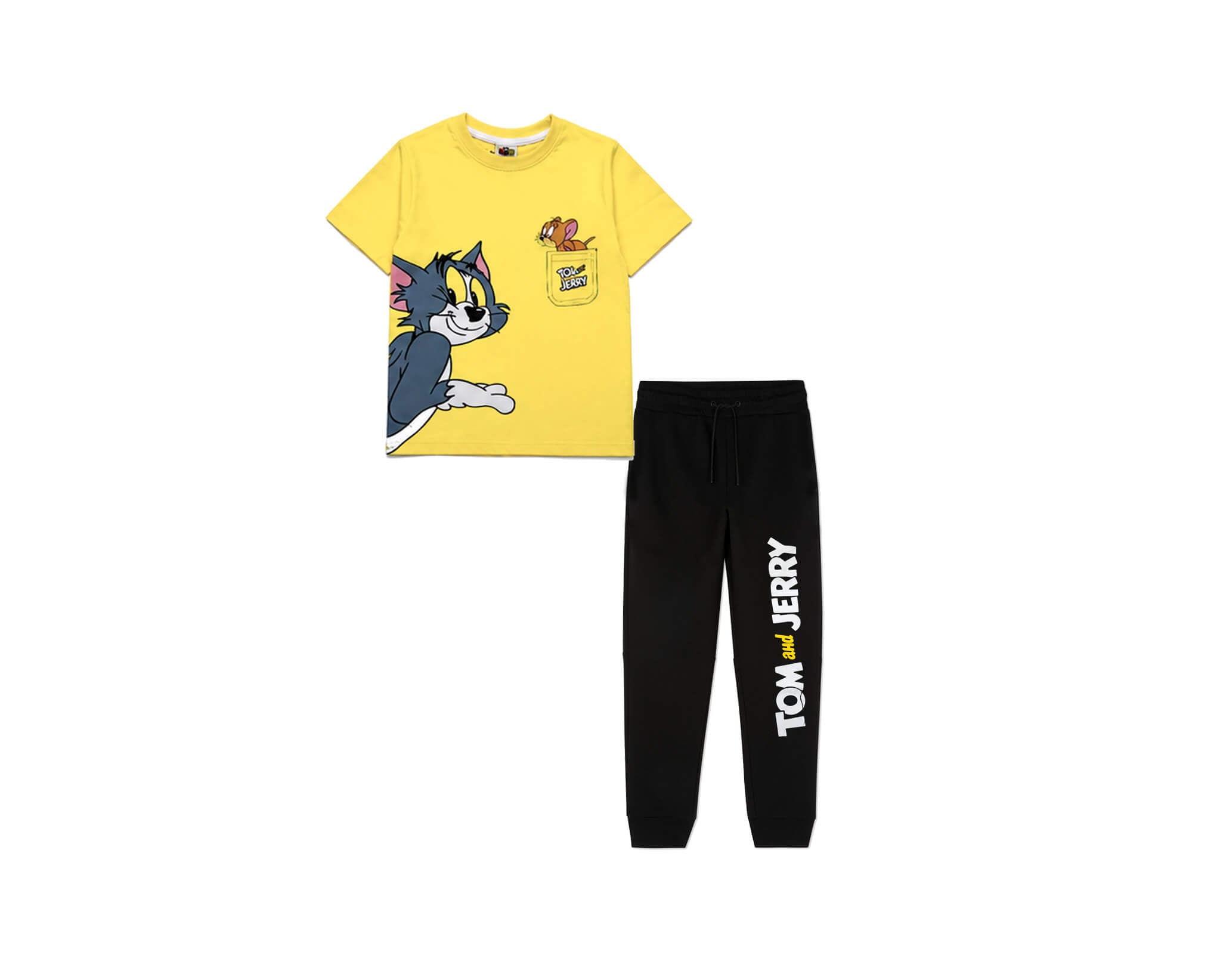 Tom and Jerry Front Pocket Printed Tee & Trouser - Yellow & Black