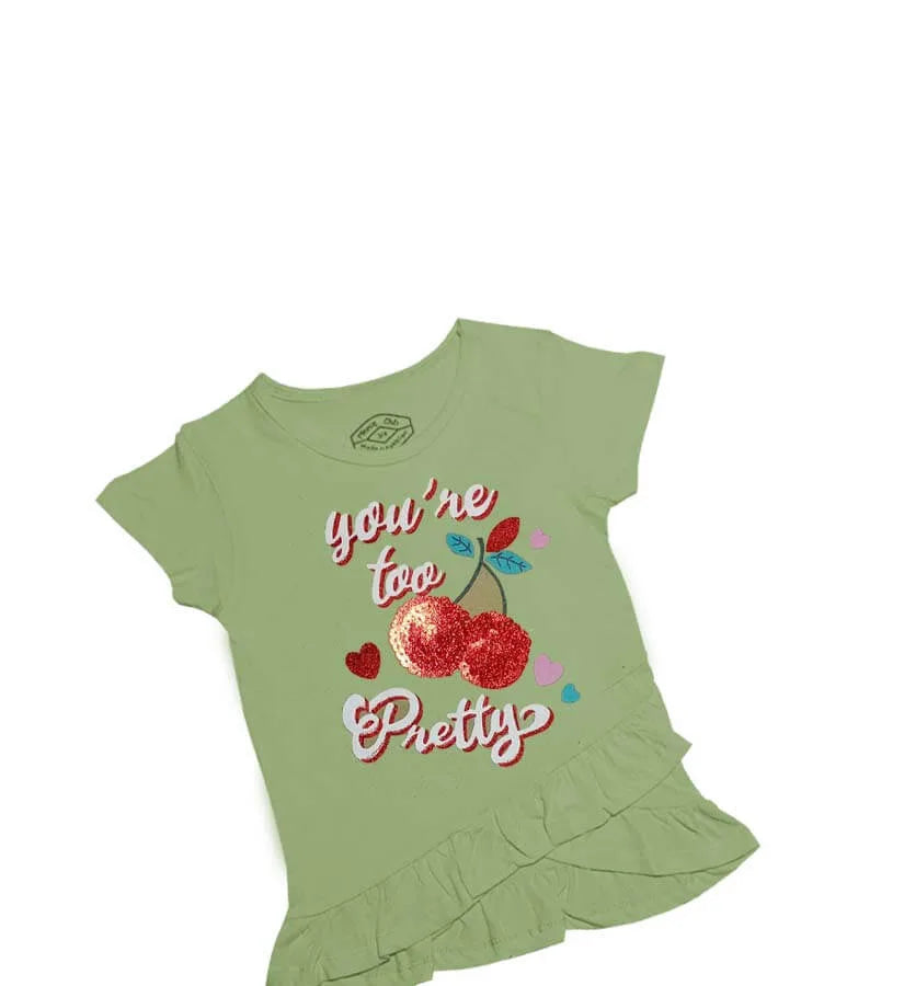 Too Pretty Sequence Cherries Tee Shirt - Mosse Green