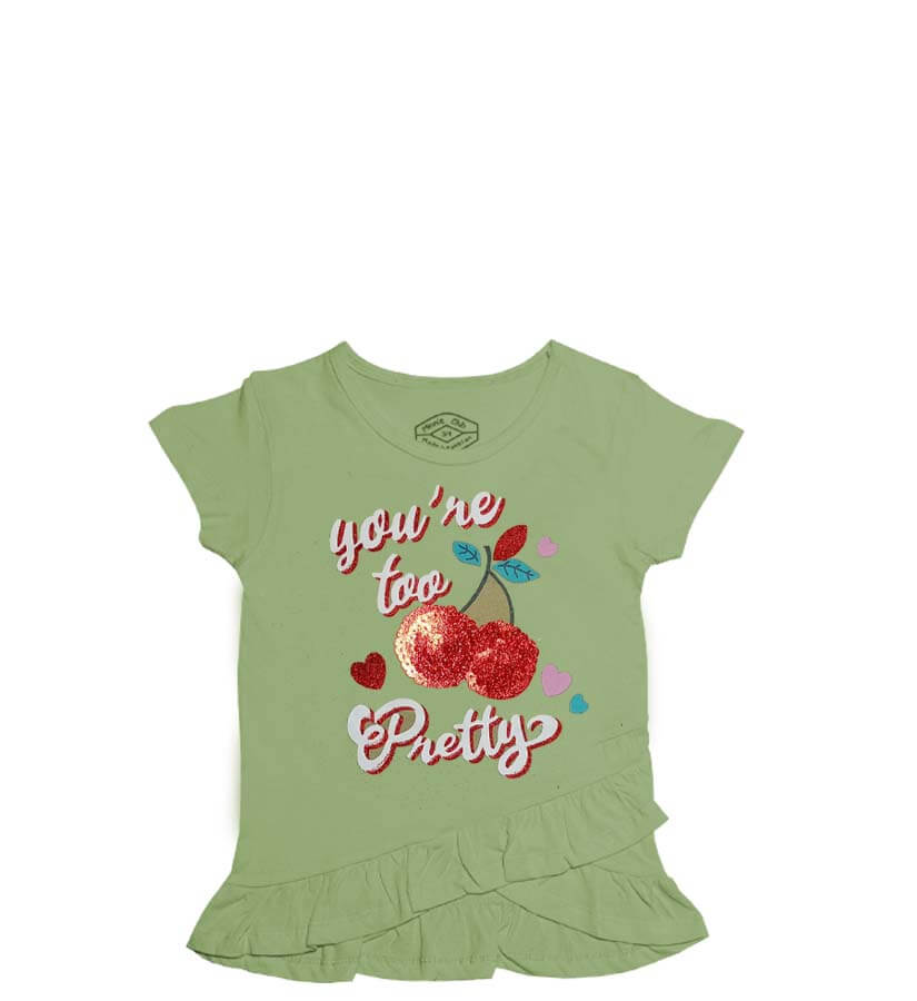 Too Pretty Sequence Cherries Tee Shirt - Mosse Green