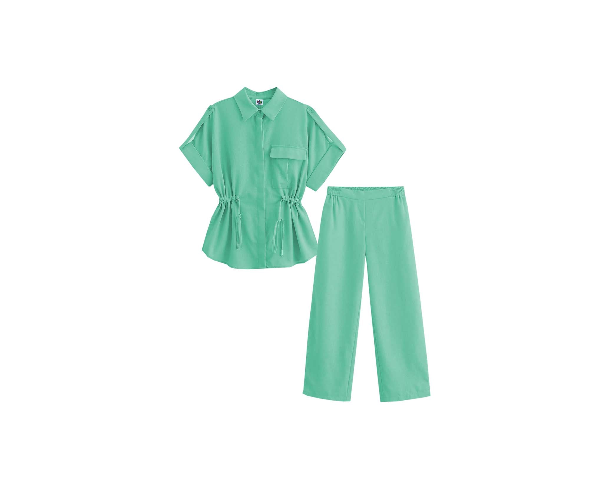 Top Fashion Short Sleeve Elastic Waist Cotton Top & Wide Leg Pants-Pistachio green