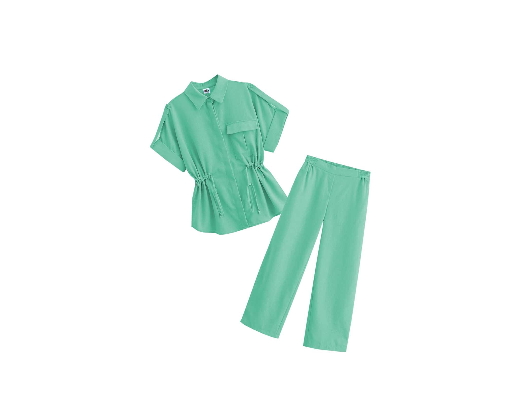 Top Fashion Short Sleeve Elastic Waist Cotton Top & Wide Leg Pants-Pistachio green