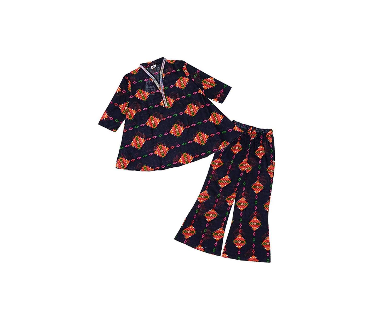 Traditional Abstract Umbrella Frock & Flare Trouser - Black