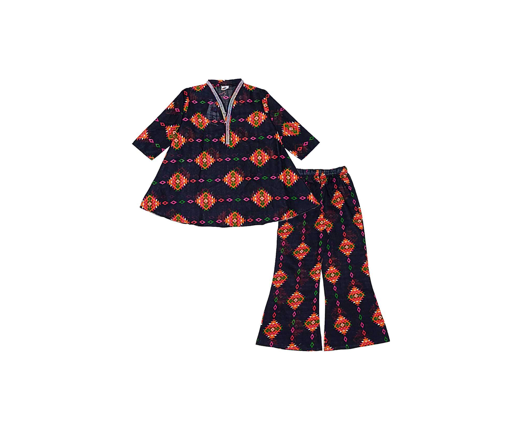 Traditional Abstract Umbrella Frock & Flare Trouser - Black