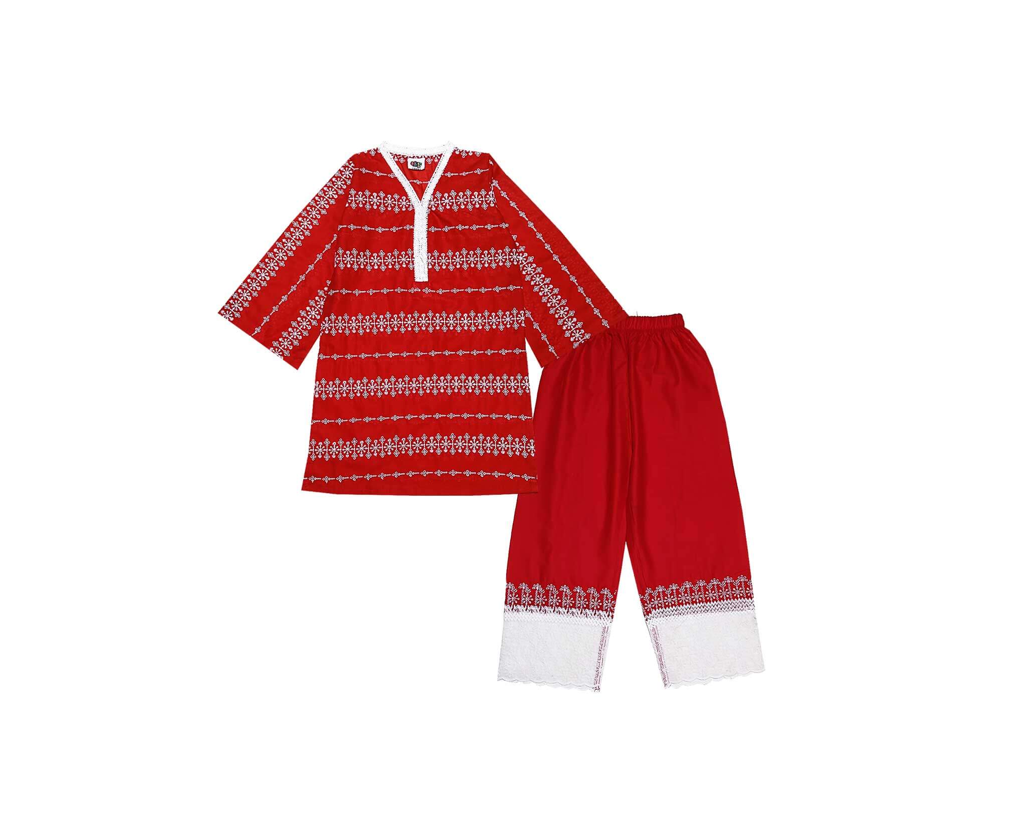 Traditional Chicken Kari Kurti &amp; Trouser - Red