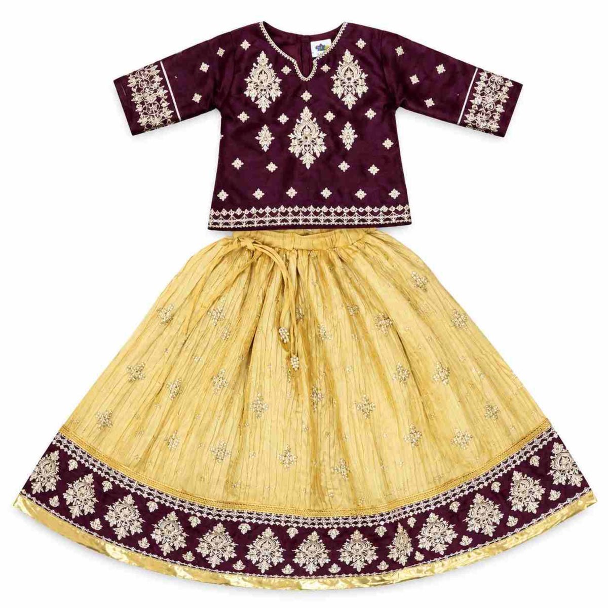 Traditional Golden Embroidered Top & Lehenga - Golden & Maroon