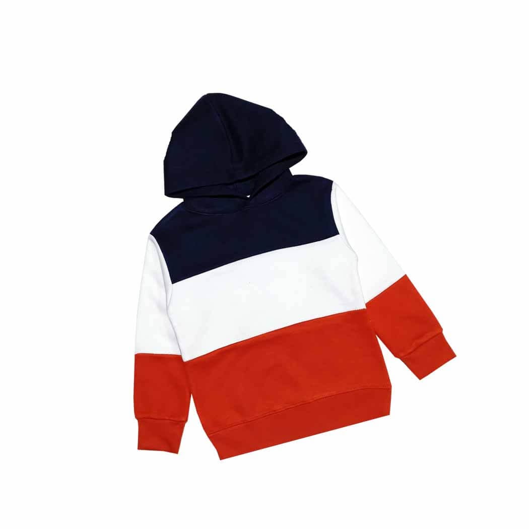 Trendy Three Penal Fleece Hoodie - Navy White &amp; Red
