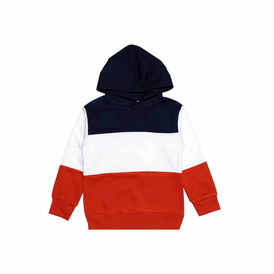 Trendy Three Penal Fleece Hoodie - Navy White &amp; Red