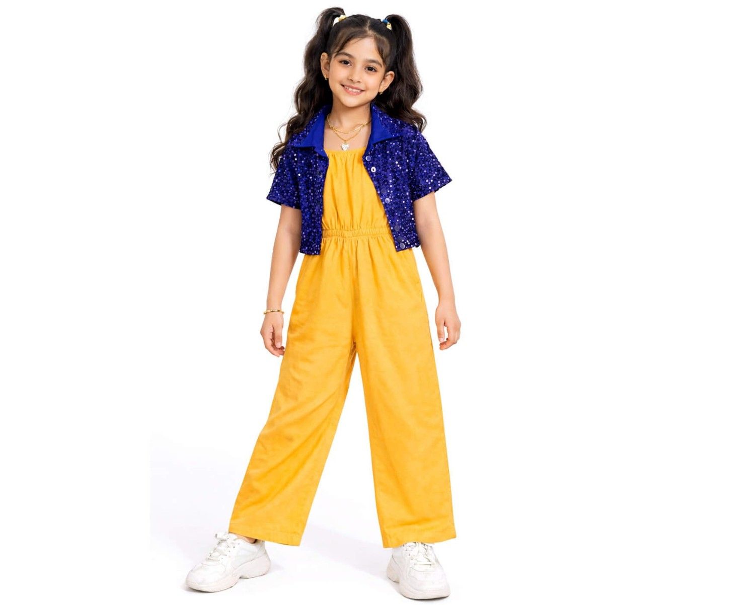 Trendy Fashion Sequins Top & Cotton Jumpsuit – Royal Blue & Yellow