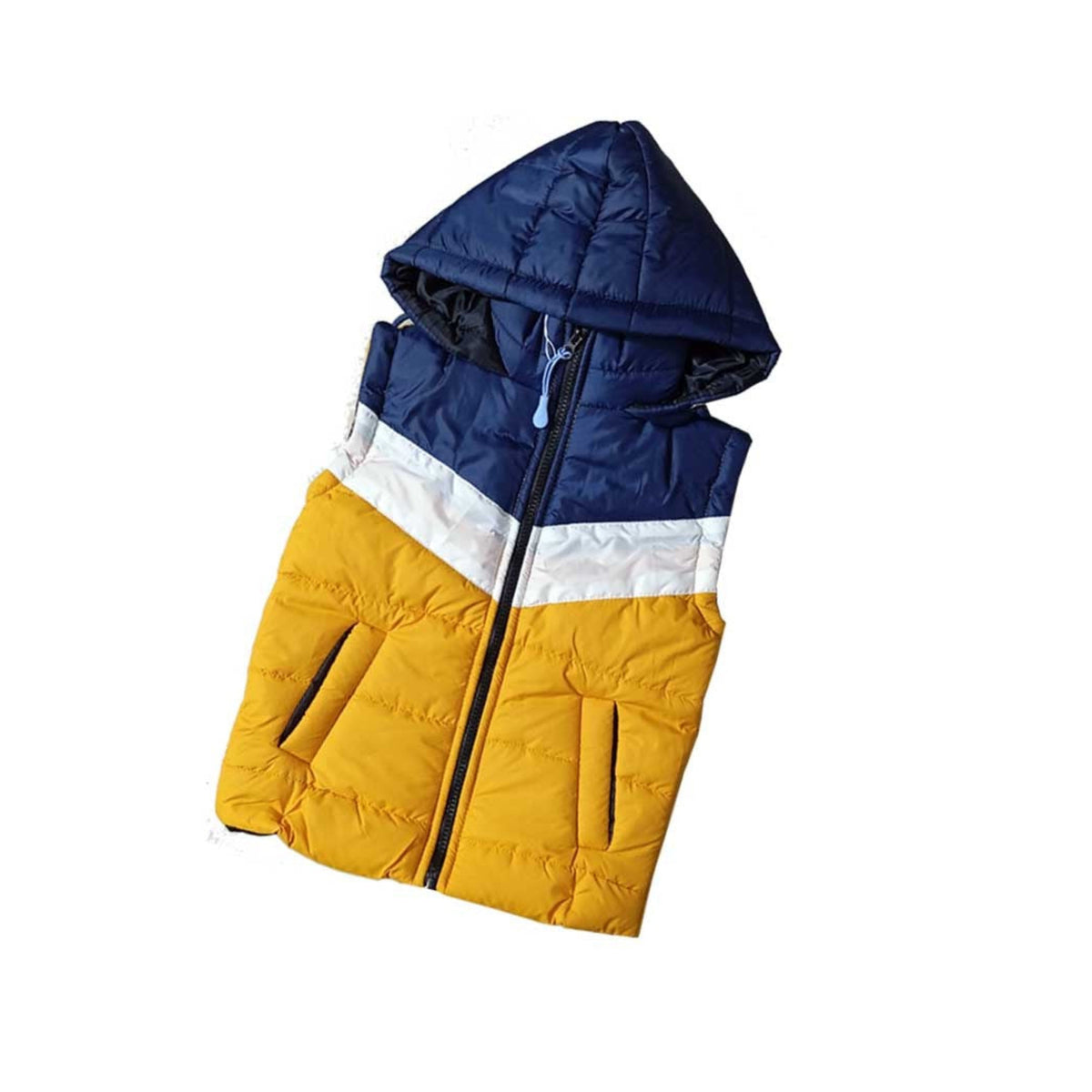 Trendy Penal Sleeveless Hooded Puffer Jacket - Mustard White & Navy