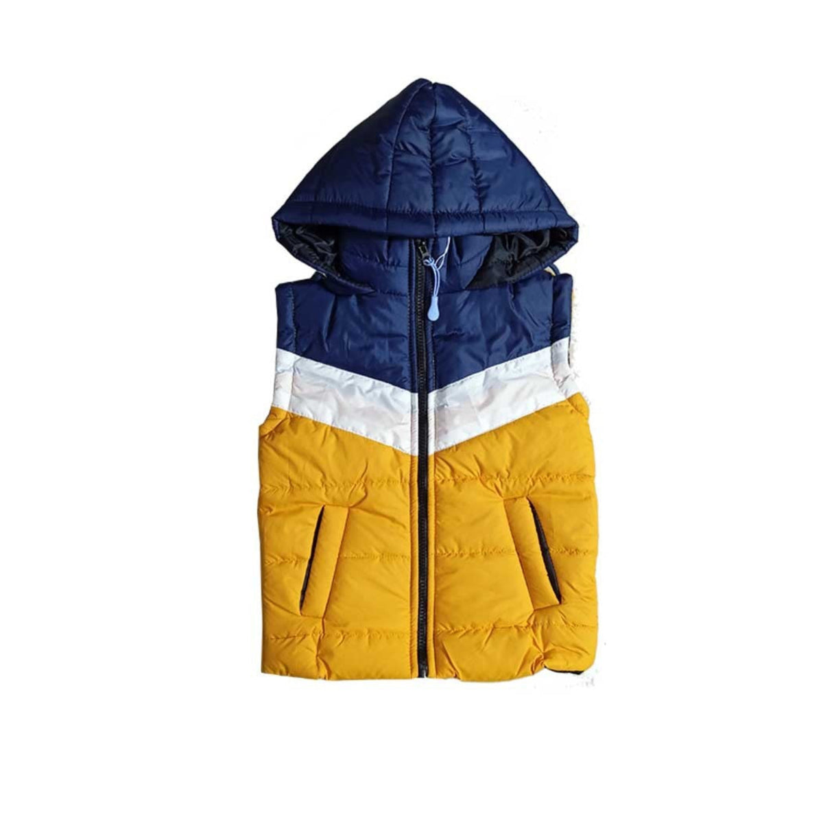 Trendy Penal Sleeveless Hooded Puffer Jacket - Mustard White & Navy