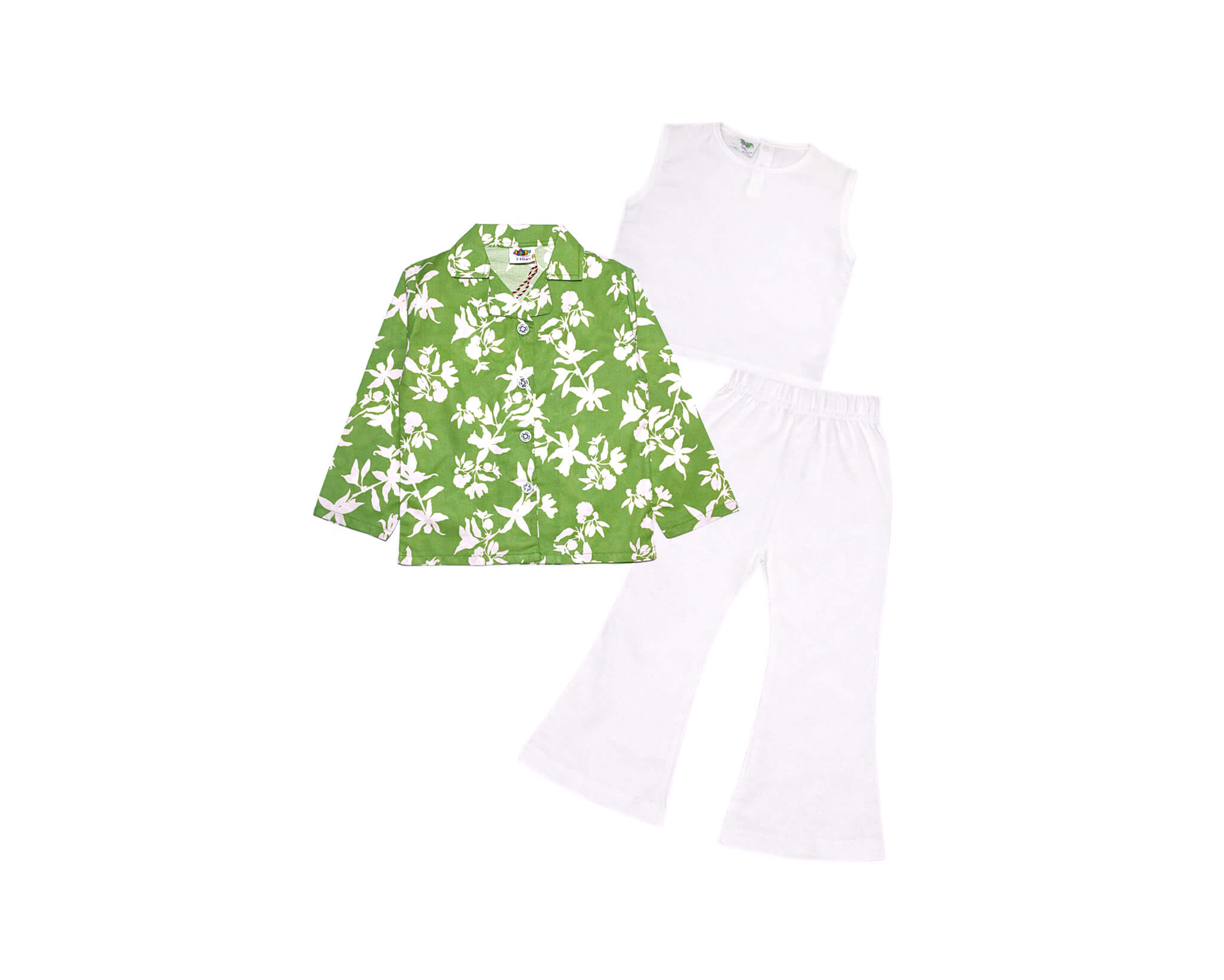 Tropical Flowers 3 pcs Suit - Green &amp; White