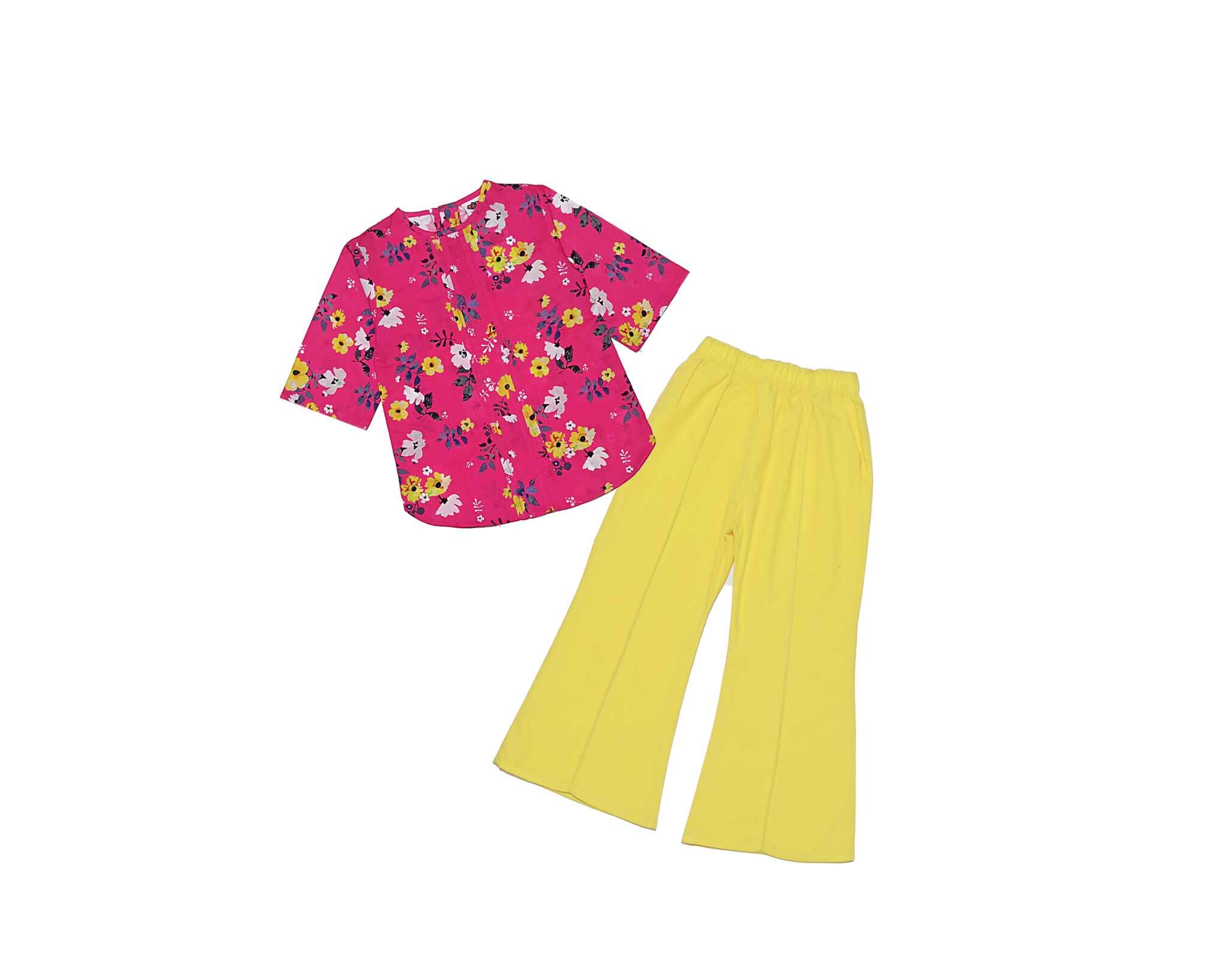 Tropical Yellow White Flowers Pleatts Cotton Top & Flopper Trouser - Shocking Pink & Lime Yellow