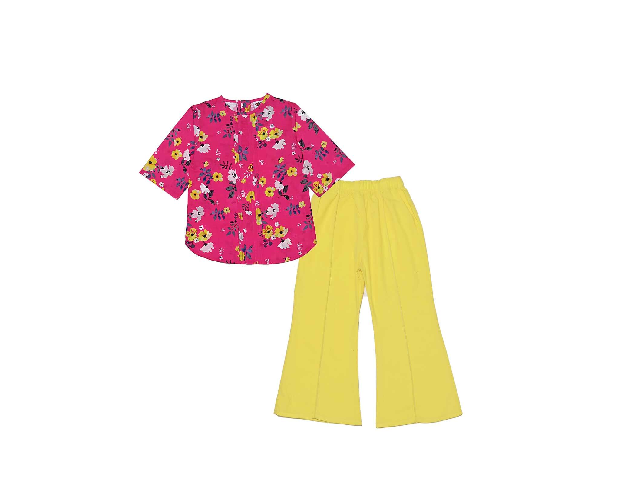 Tropical Yellow White Flowers Pleatts Cotton Top & Flopper Trouser - Shocking Pink & Lime Yellow