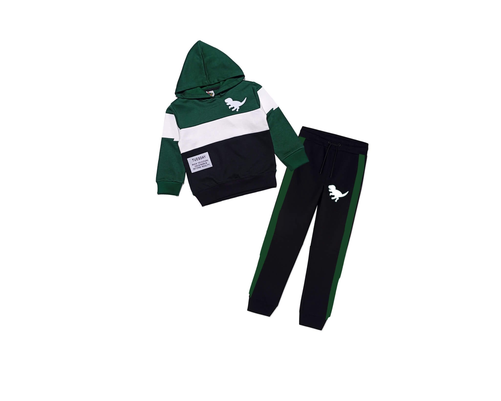 Tuesday Dino Fleece Three Penal Hoodie Tracksuit -Black Green