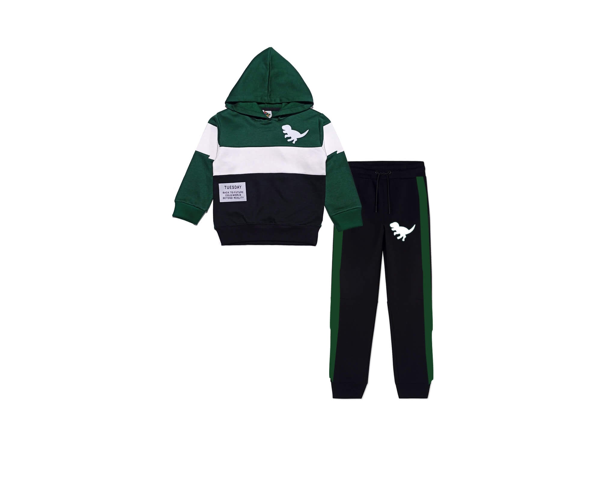 Tuesday Dino Fleece Three Penal Hoodie Tracksuit -Black Green