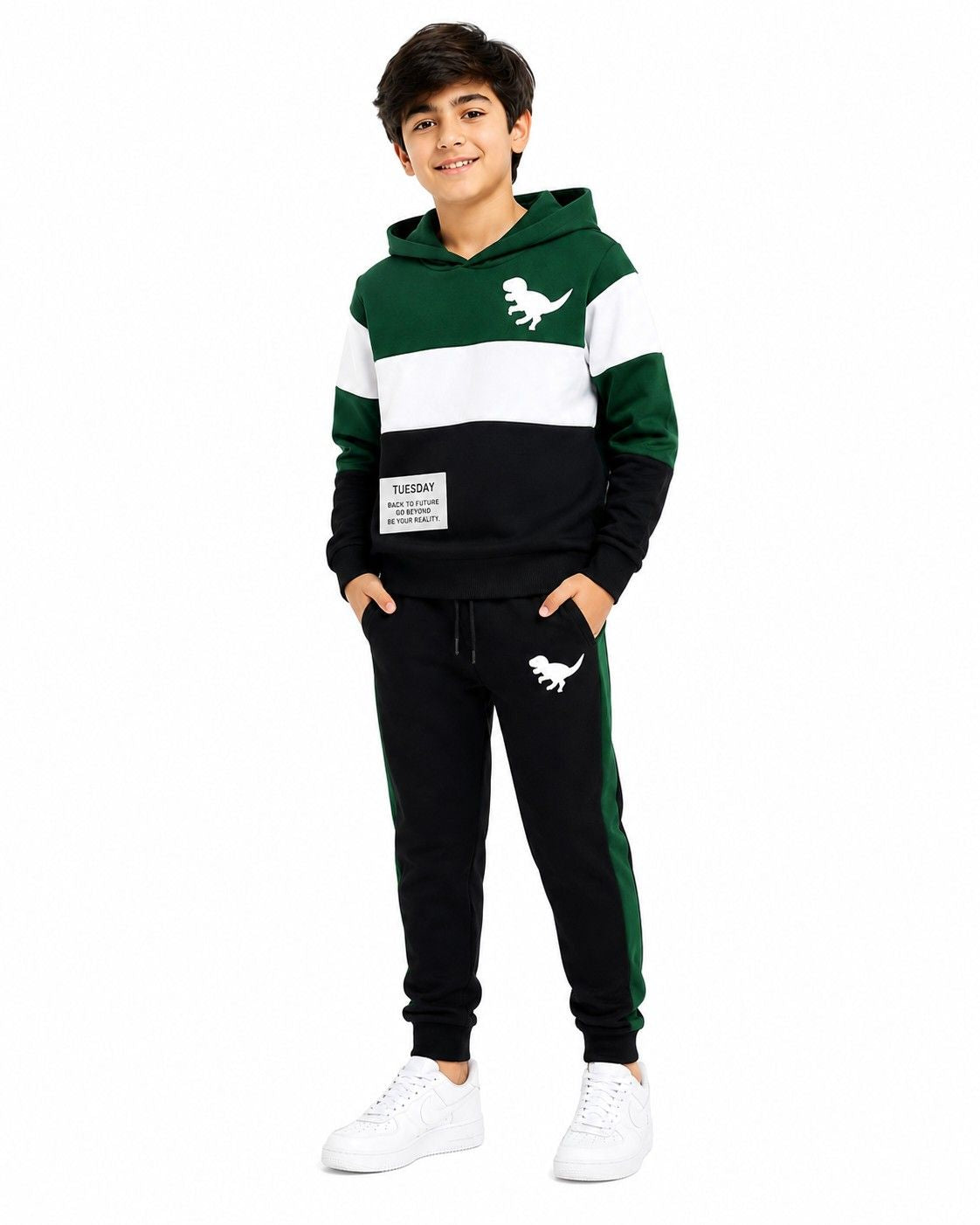 Tuesday Dino Fleece Three Penal Hoodie Tracksuit -Black Green