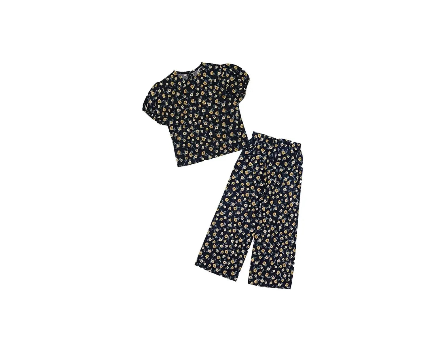 Tulip Flowers Short Puff Sleeves Lawn Fabric Top &amp; Flare Trouser -Black
