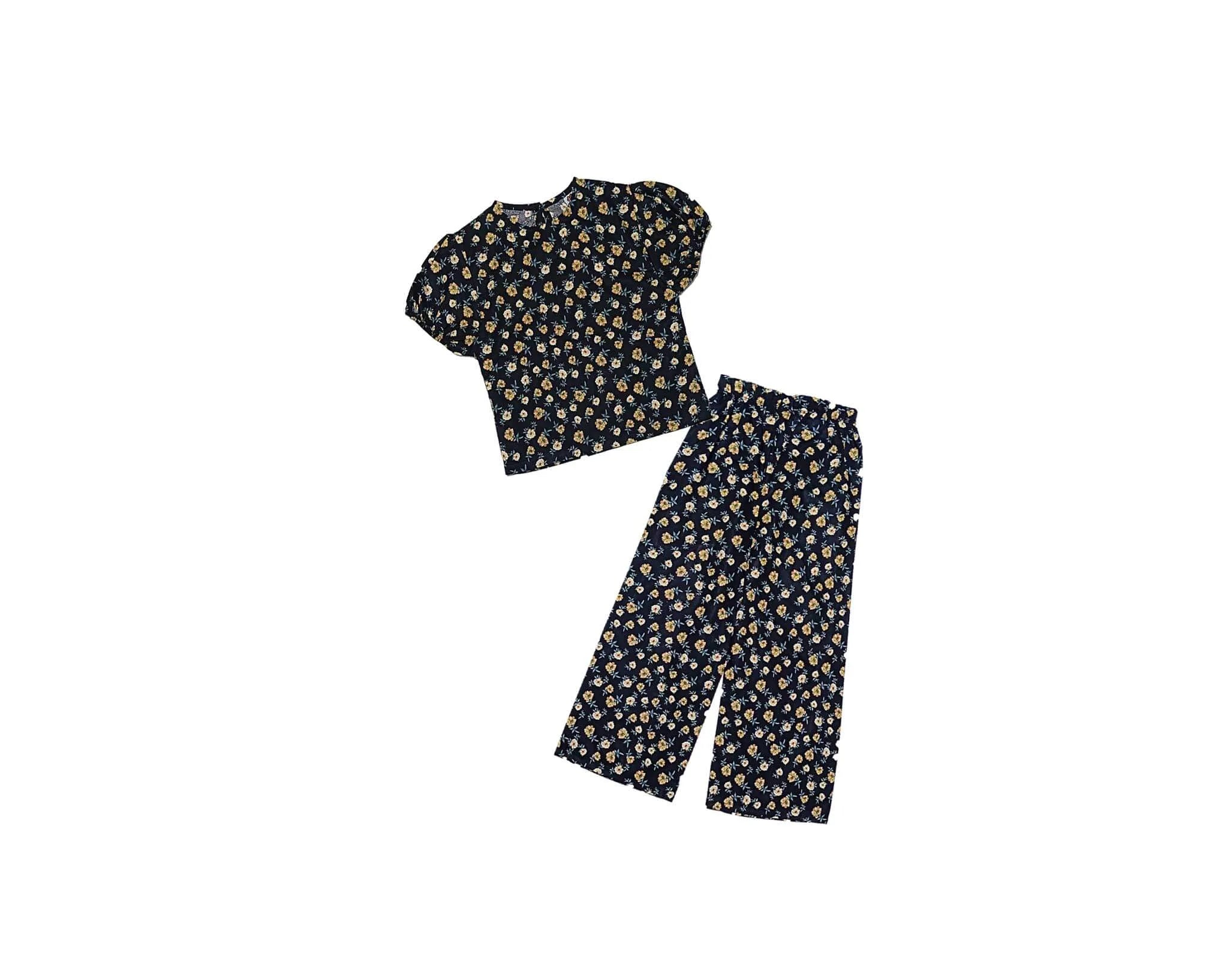 Tulip Flowers Short Puff Sleeves Lawn Fabric Top &amp; Flare Trouser -Black
