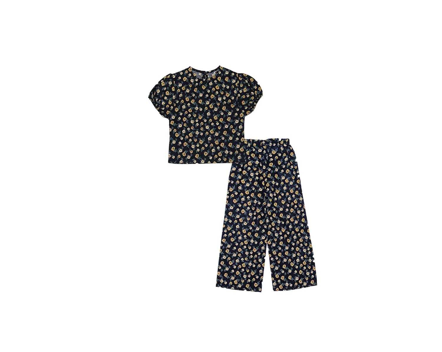 Tulip Flowers Short Puff Sleeves Lawn Fabric Top &amp; Flare Trouser -Black