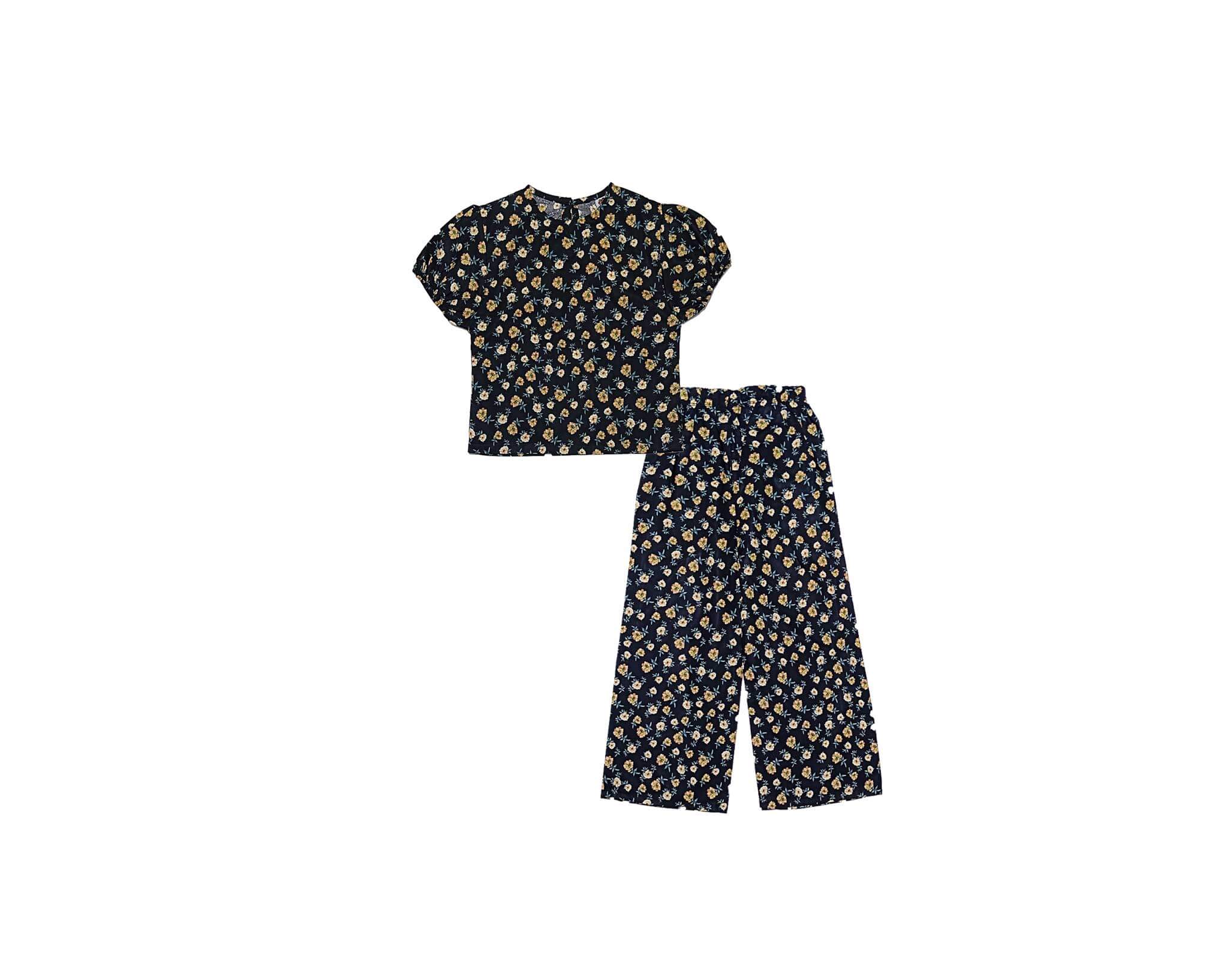Tulip Flowers Short Puff Sleeves Lawn Fabric Top &amp; Flare Trouser -Black