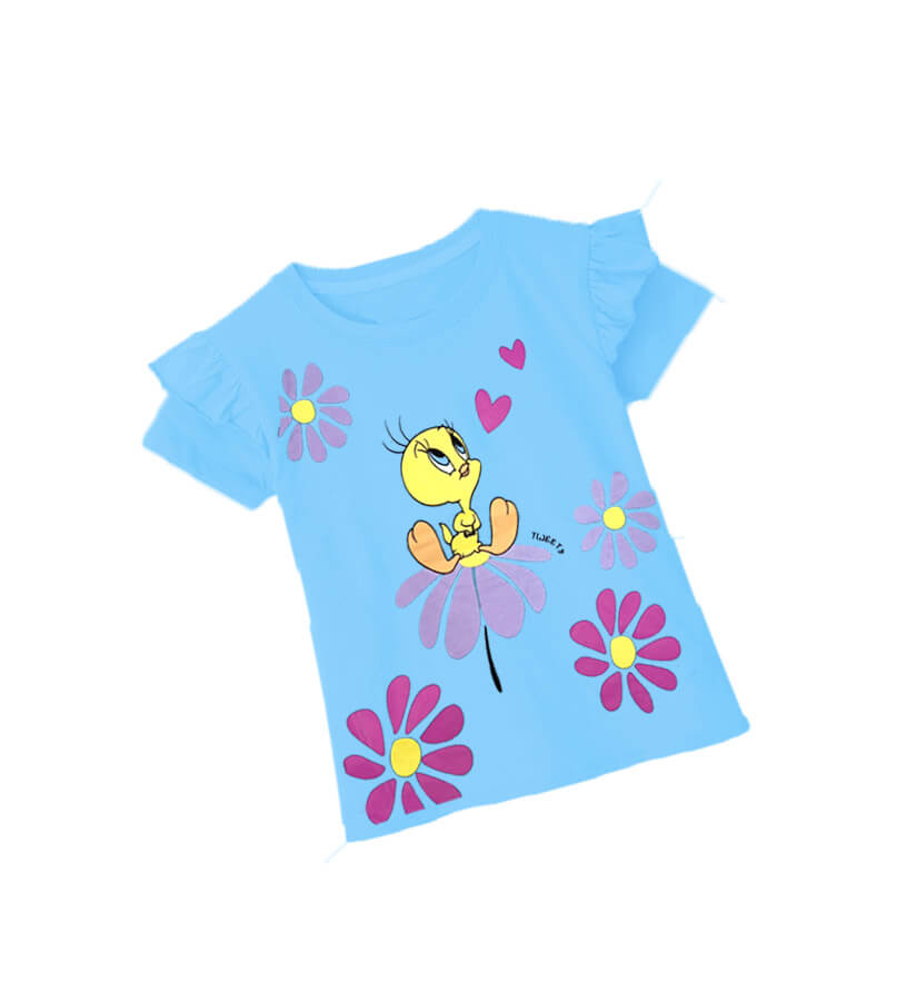 Tweety On Flowers Frill Hall Sleeve T Shirt - Sky Blue