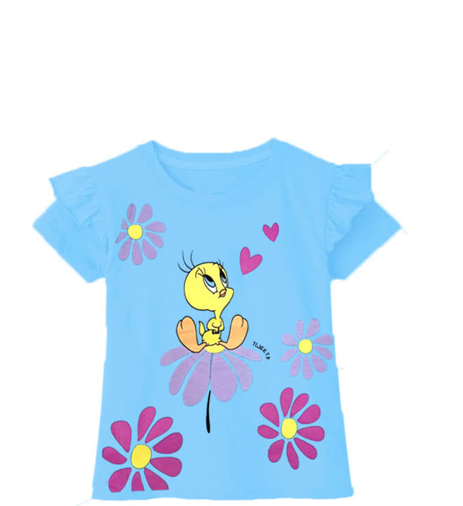 Tweety On Flowers Frill Hall Sleeve T Shirt - Sky Blue