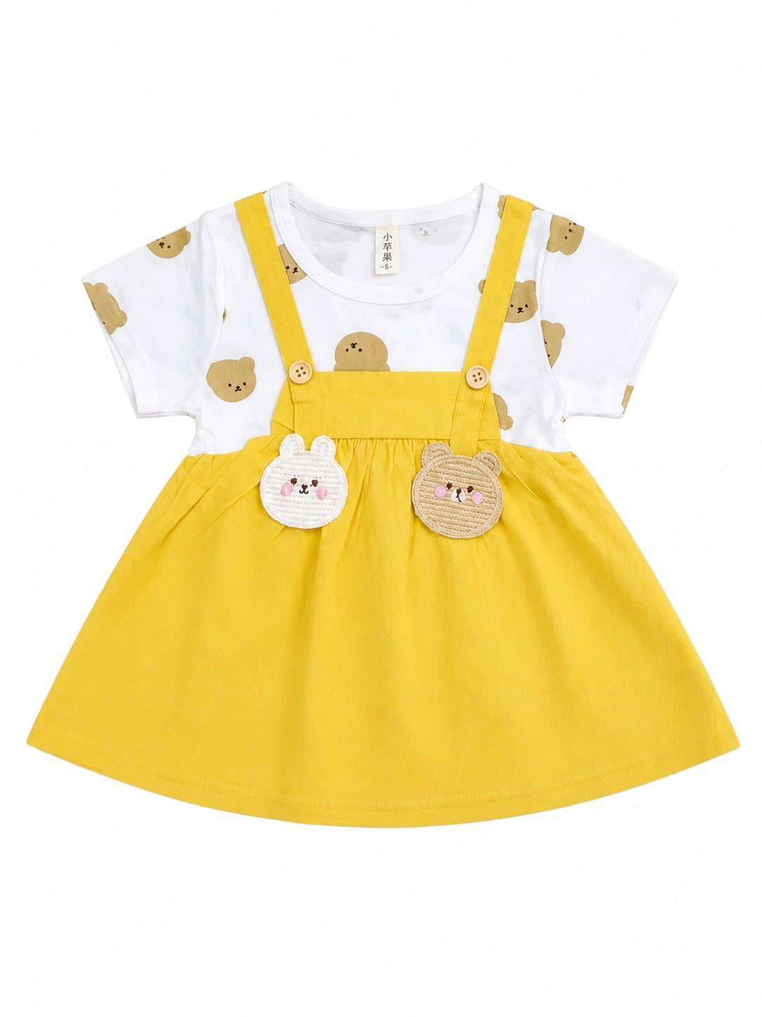 Twin Baby  Bear Face Frock - Mustard