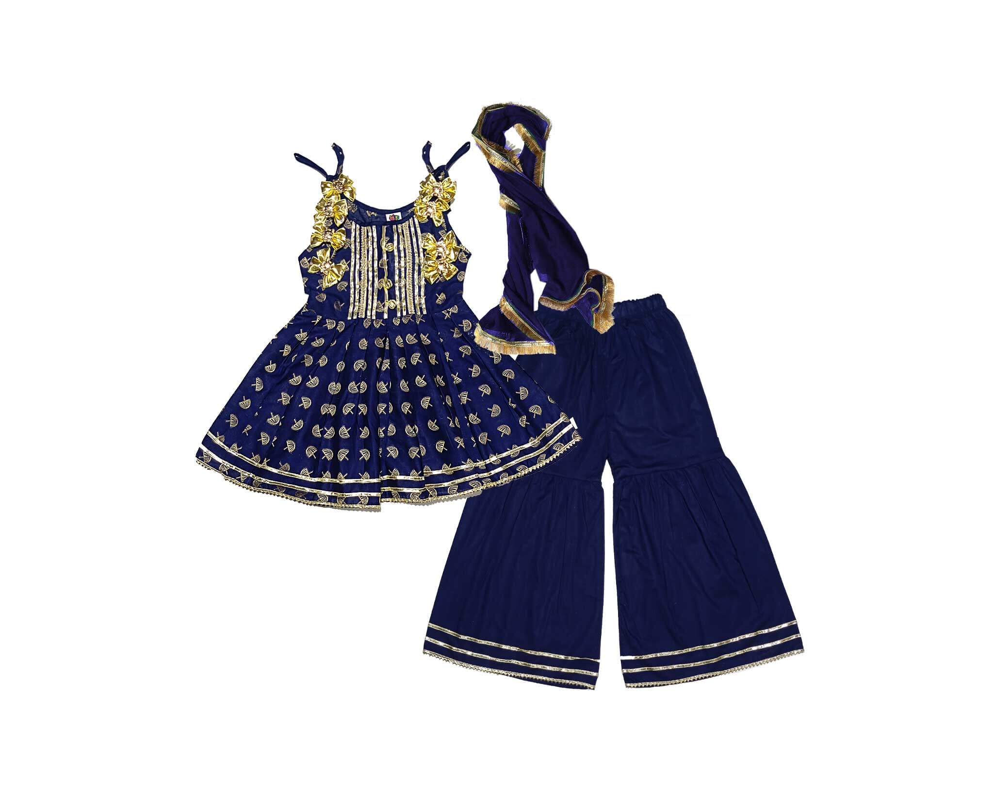 Umbrella Festive Fancy Brochia Lawn Frock & Gharrara - Navy Blue