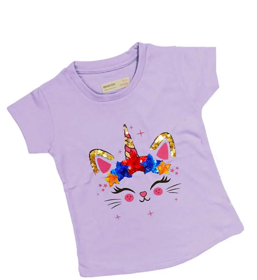 Unicorn Cat Sequence Tee Shirt For Girls - Soft Purple