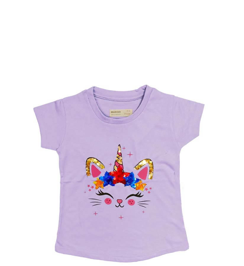 Unicorn Cat Sequence Tee Shirt For Girls - Soft Purple