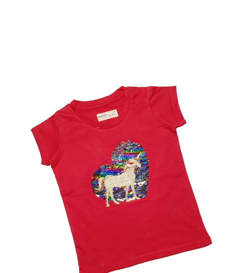 Unicorn In Sequence Heart Tee Shirt - Red