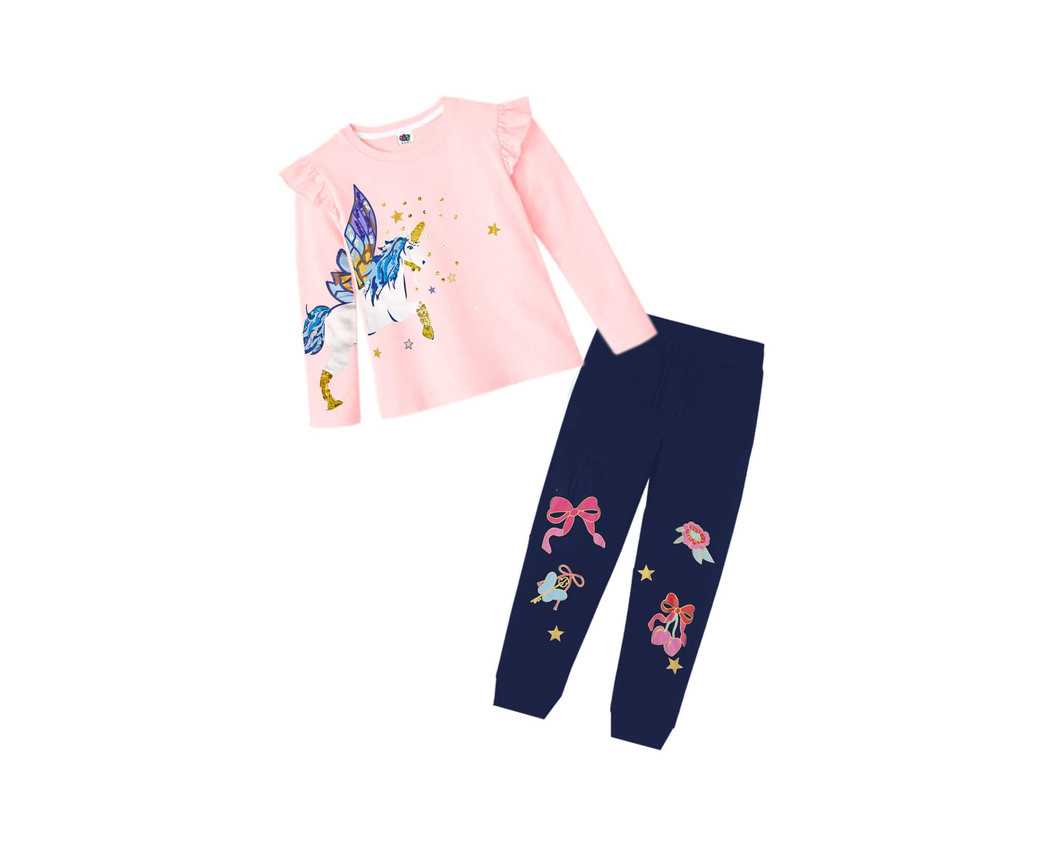 Unicorn With Golden Sequence Full Sleeves T Shirt & Trouser - Peach Pink & Navy Blue