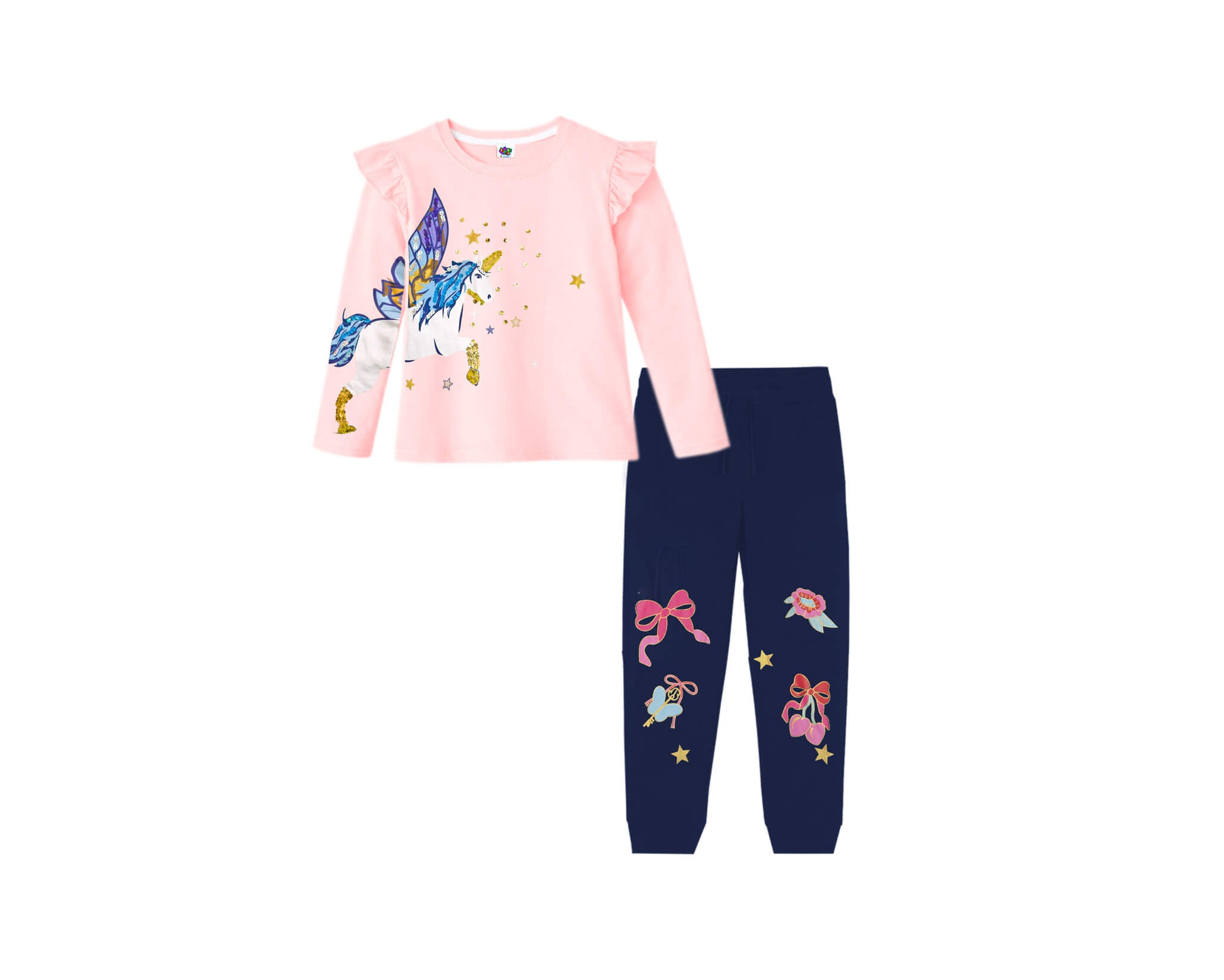 Unicorn With Golden Sequence Full Sleeves T Shirt & Trouser - Peach Pink & Navy Blue