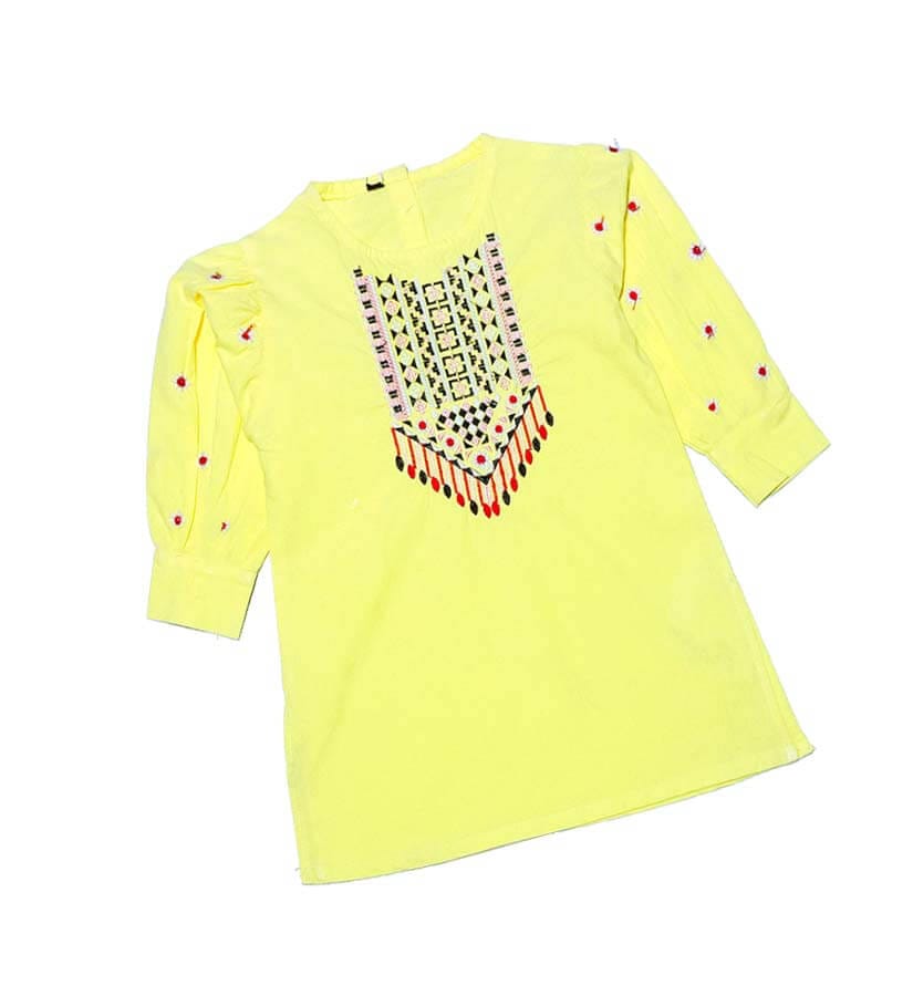 Unique Embroidary Gather Sleeves Kurti - Lemon - Cotton