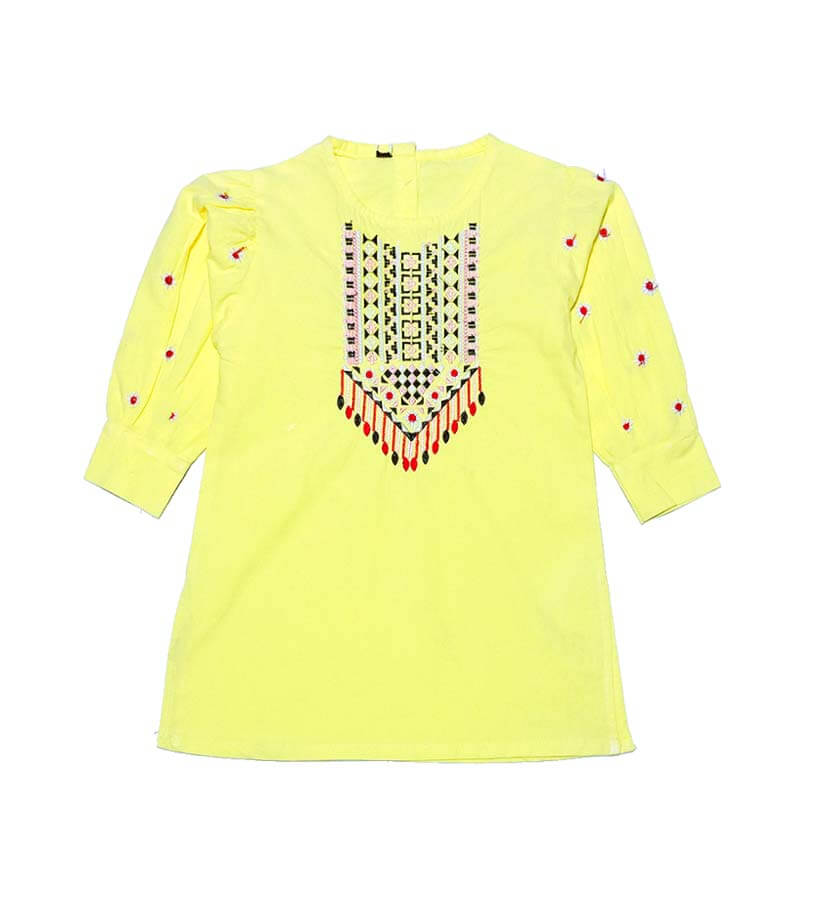 Unique Embroidary Gather Sleeves Kurti - Lemon - Cotton