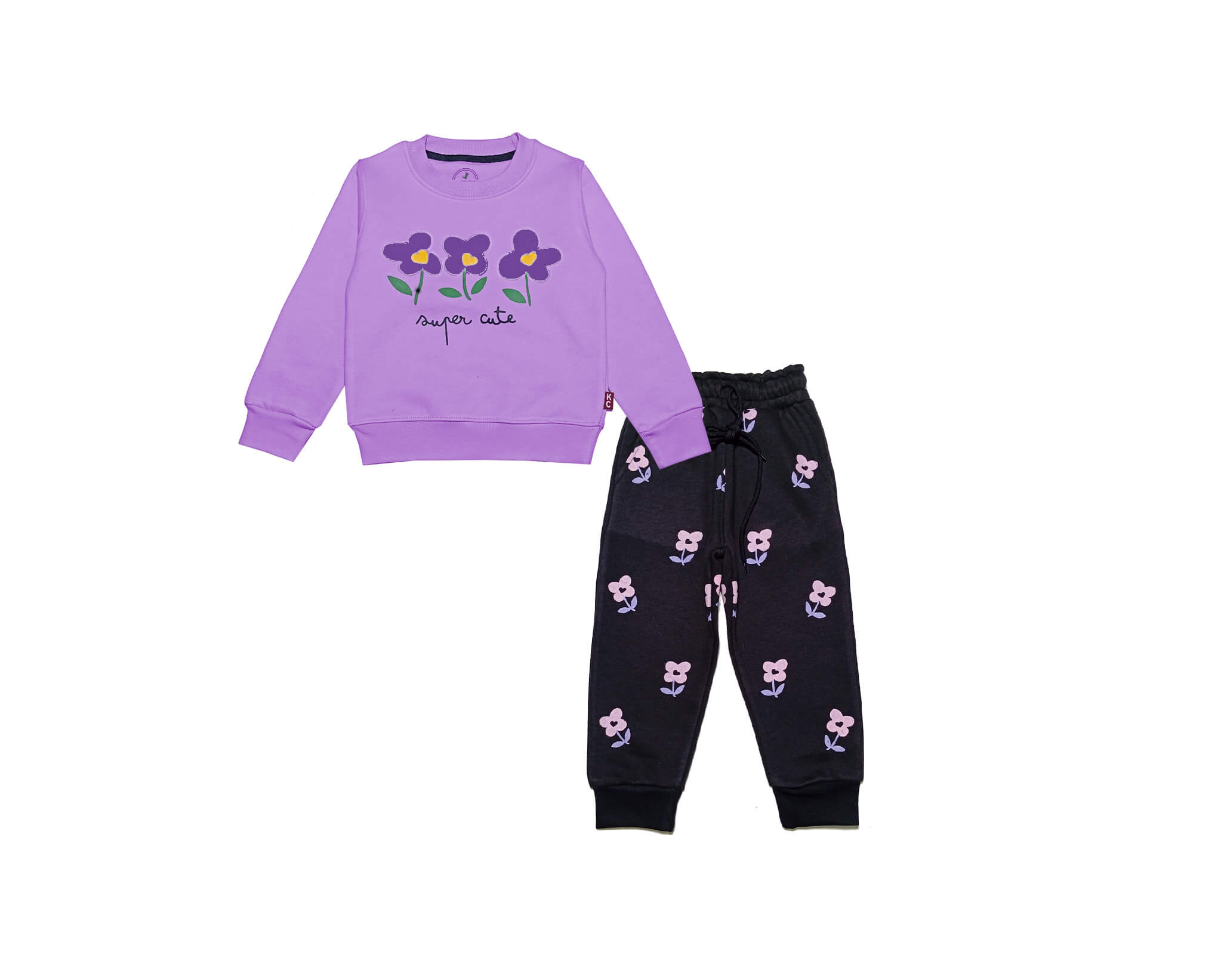 Super Cute Flowers Fleece Tracksuit - Soft Purple &amp; Black