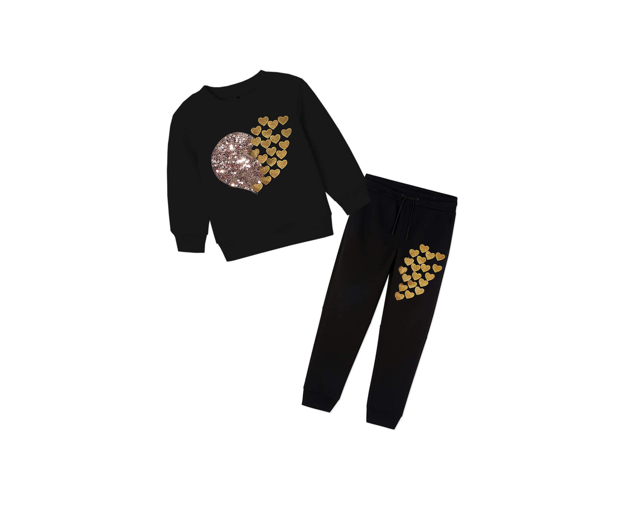Golden Sequins Flying Hearts Fleece Tracksuit - Black