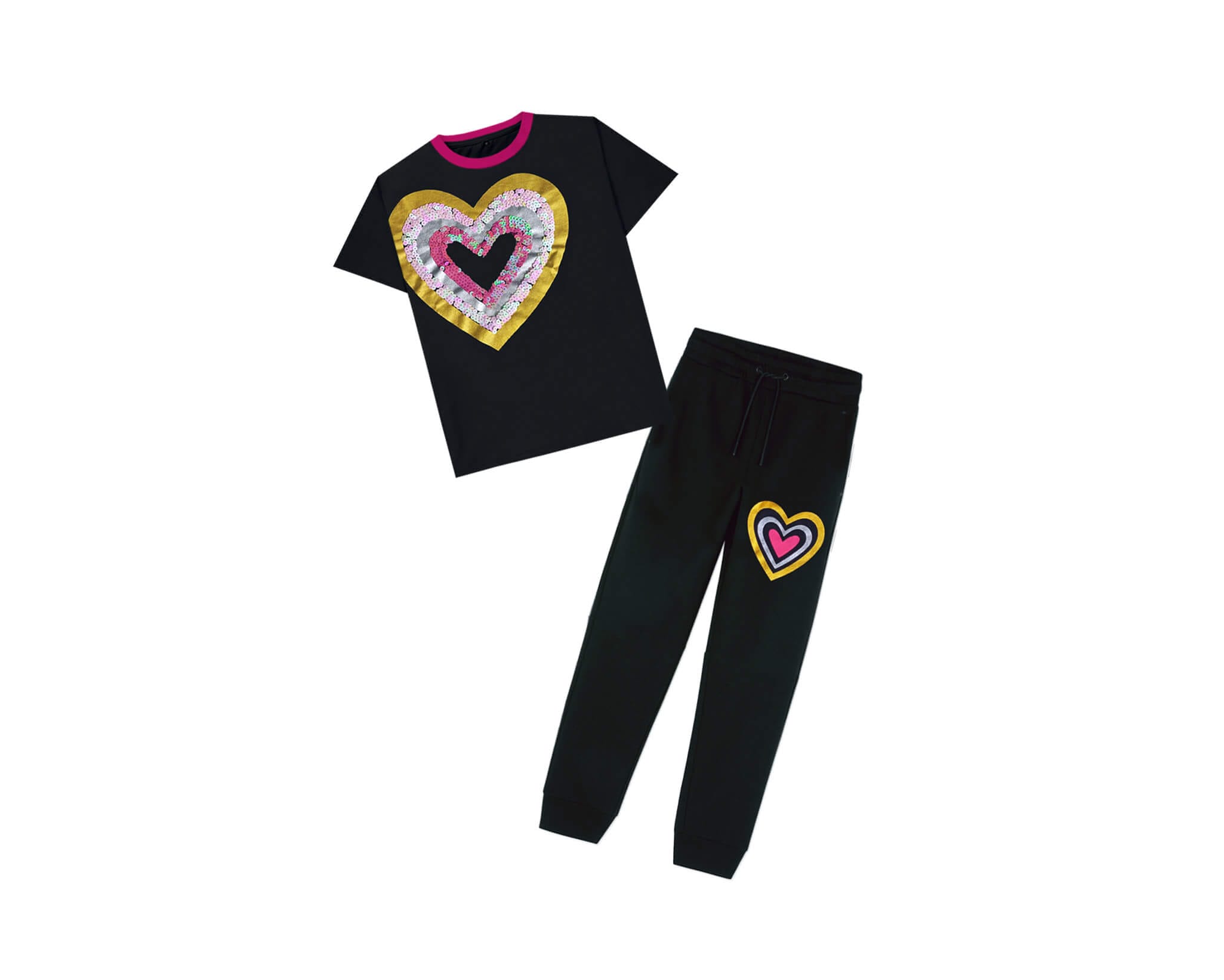 Bright Sequins Heart Tee &amp; Trouser -Black