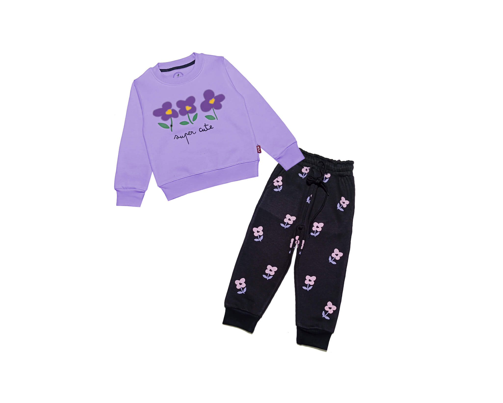 Super Cute Flowers Fleece Tracksuit - Soft Purple &amp; Black