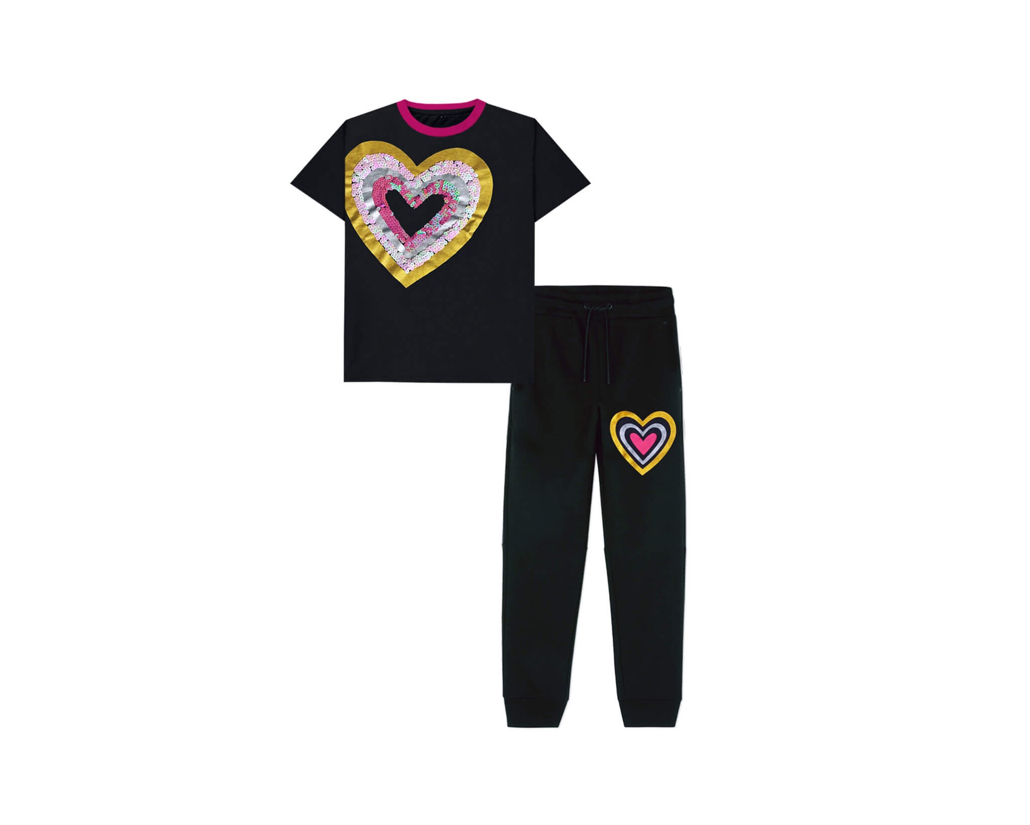 Bright Sequins Heart Tee &amp; Trouser -Black