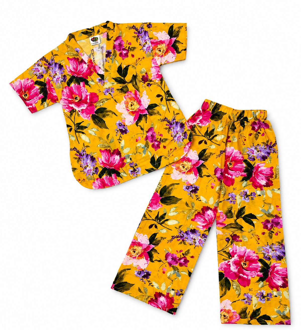 V Neck Flowers Printed Cotton Top & Flapper Trouser - Yellow-1