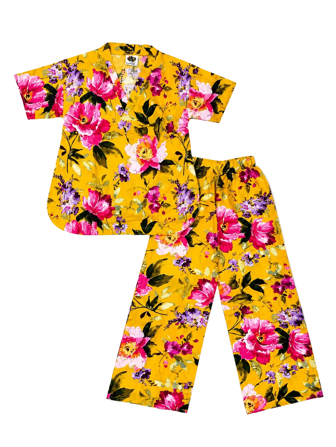 V Neck Flowers Printed Cotton Top & Flapper Trouser - Yellow