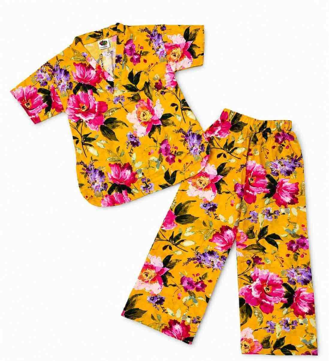 V Neck Flowers Printed Cotton Top & Flapper Trouser - Yellow