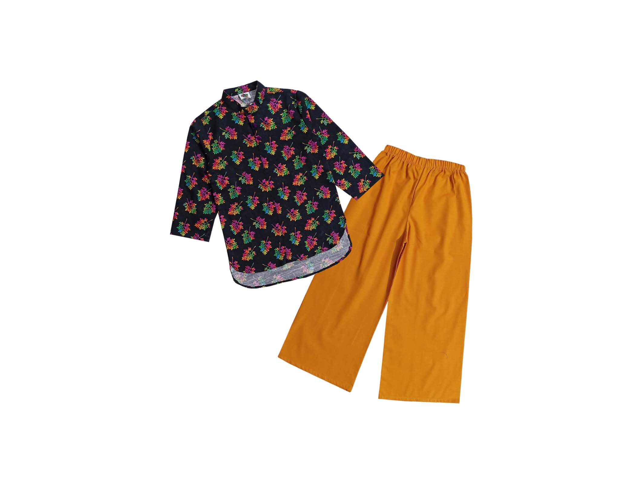 Vibrant Color Leaf Ban Color Khaddar Top & Plazzo - Black & Mustard