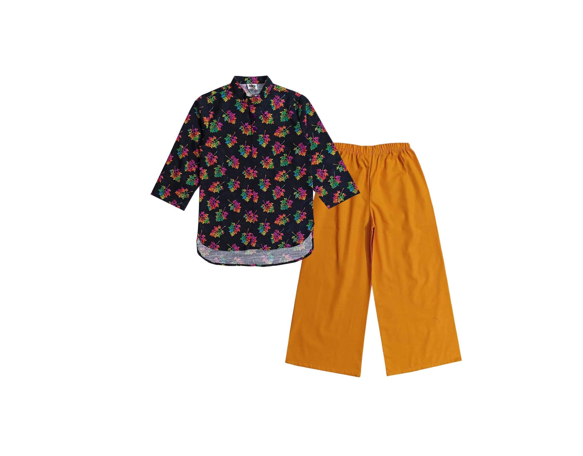 Vibrant Color Leaf Ban Color Khaddar Top & Plazzo - Black & Mustard