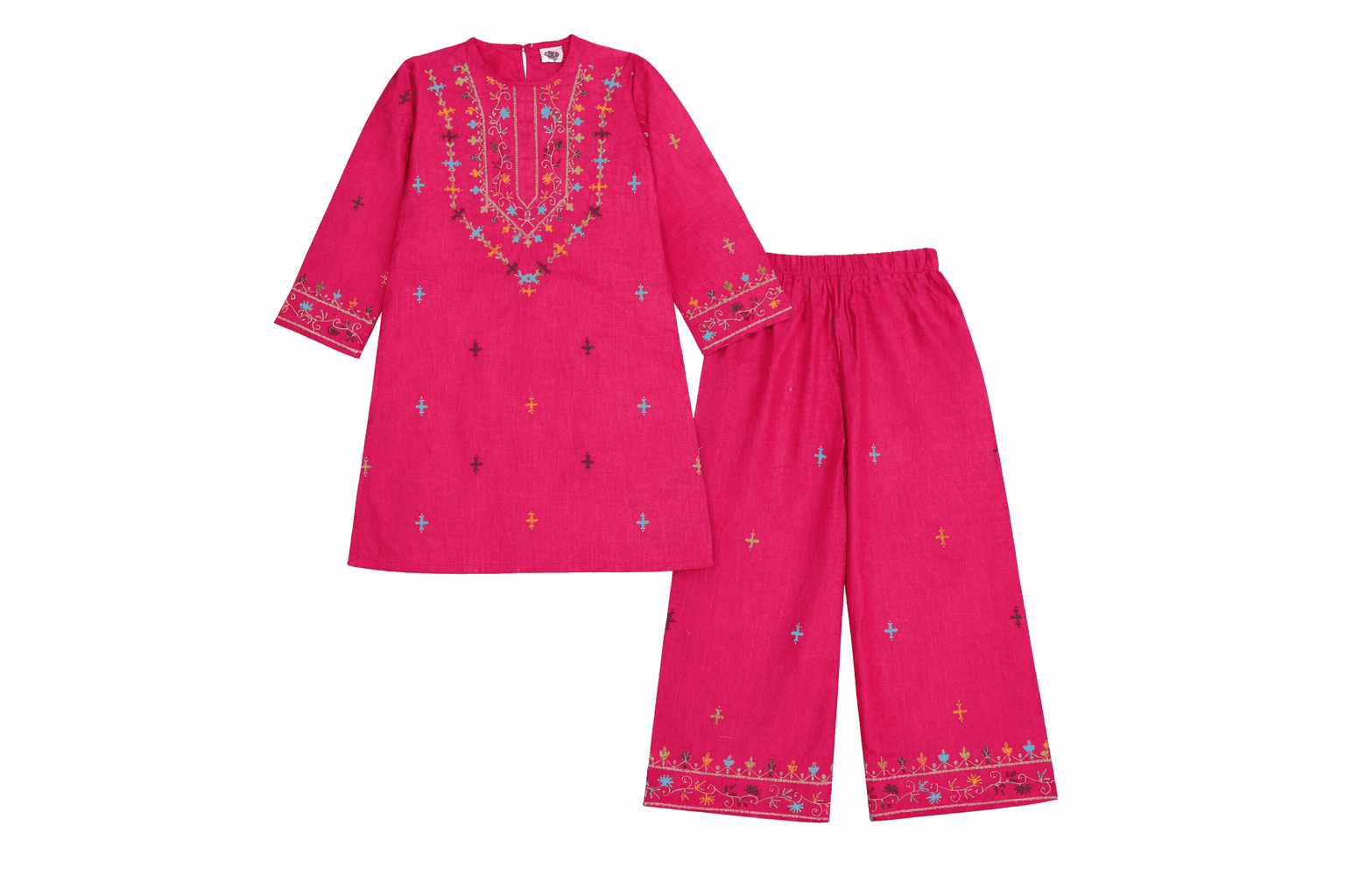 Elegant Florals Cotton Kurti & Bell Bottom Trouser - Shocking Pink