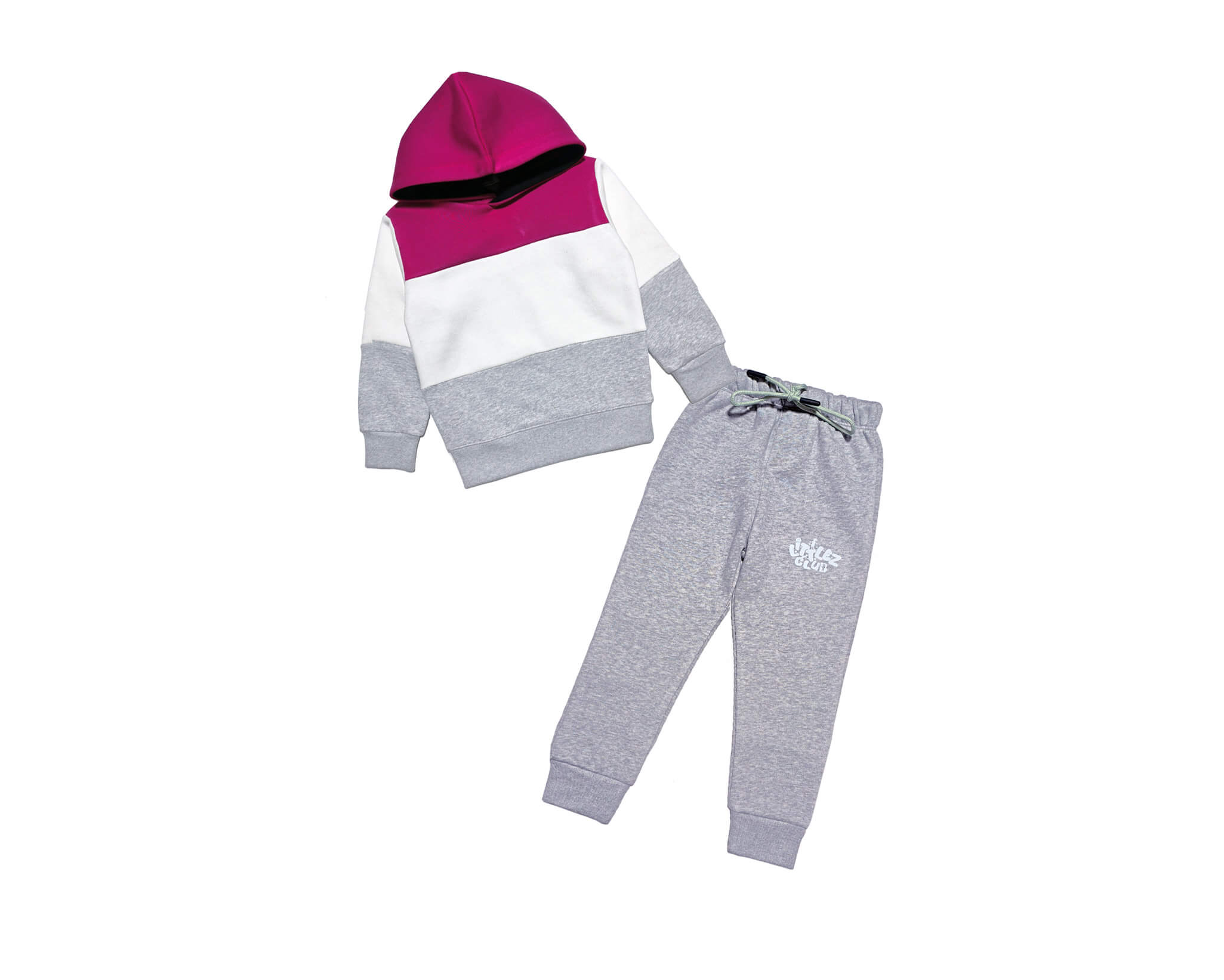 Warm with Littlez Club Pennal Hoodie Tracksuit -Shocking Pink Whute Grey