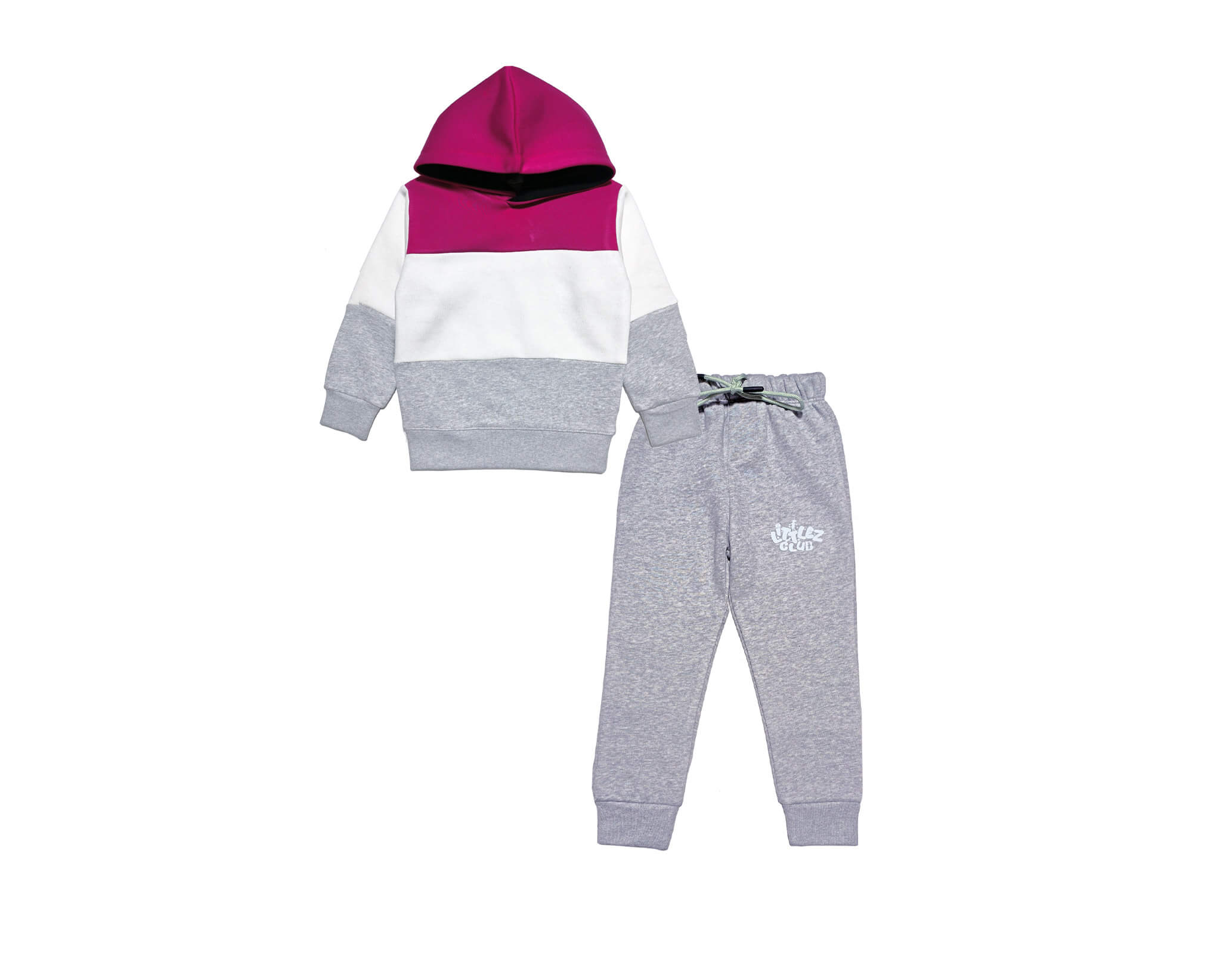 Warm with Littlez Club Pennal Hoodie Tracksuit -Shocking Pink Whute Grey